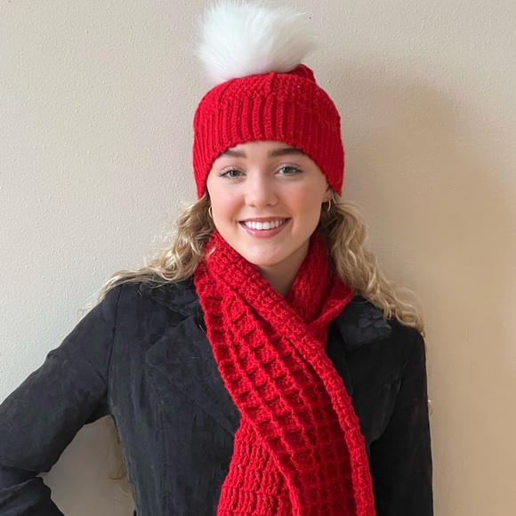 Hand-Crocheted Red Winter Beanie Hat & Waffle-Stitch Scarf Set - Picture 2 of 13